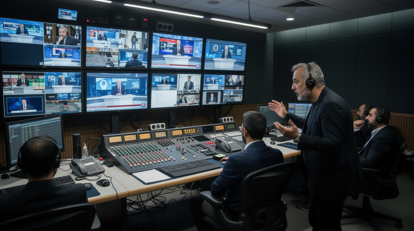 TV director resolving tension in a live broadcast control room