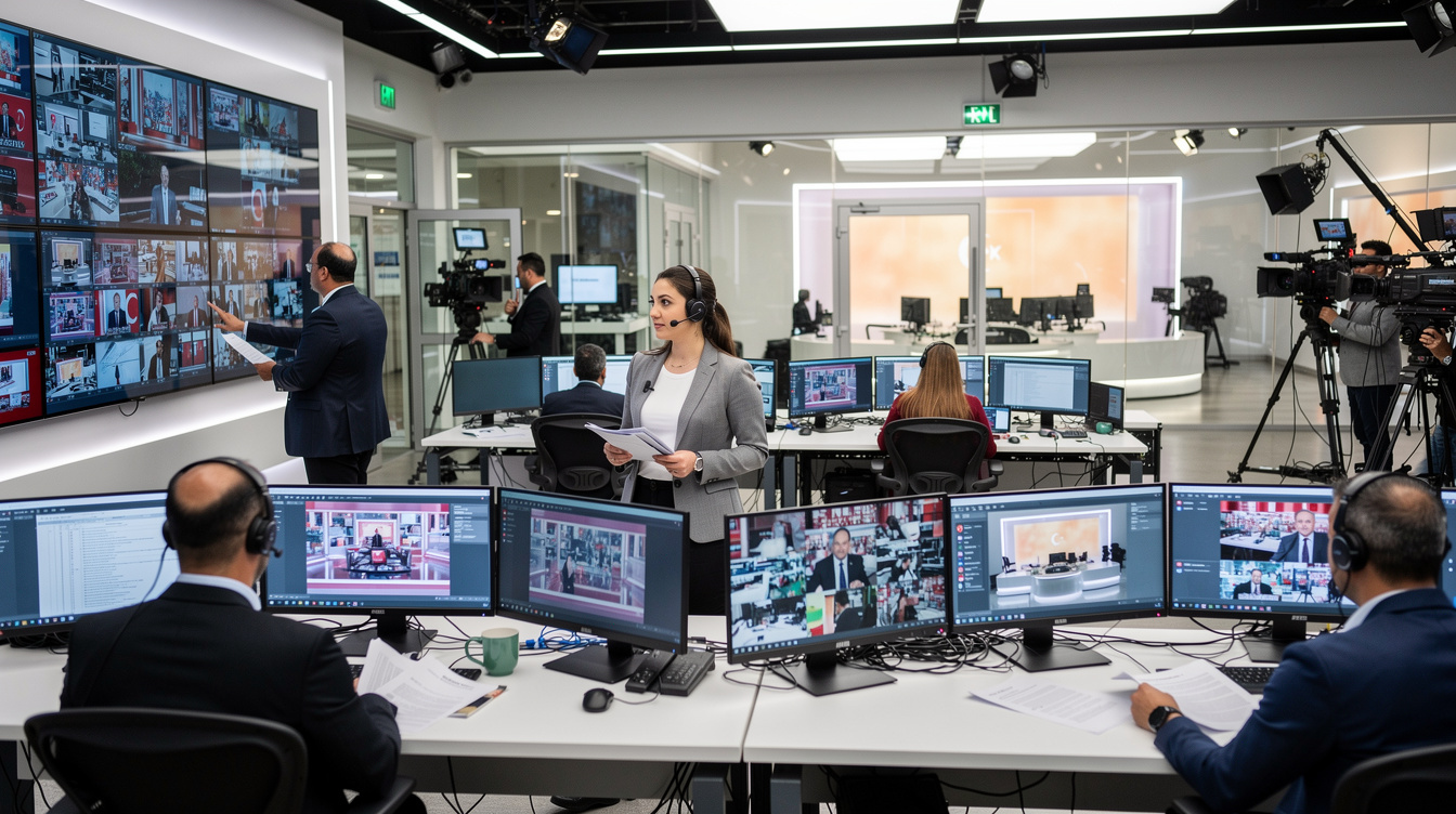 Newsroom team collaborating before a live TV broadcast
